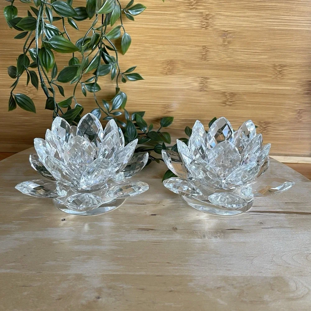 Vintage Shannon Crystal by Godinger Lotus Flower Candle Holders Pair Set Of 2